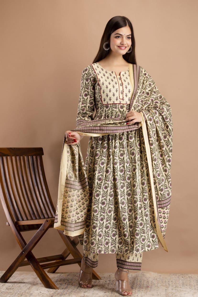 Hand Block Print Cotton Kurta Pant Set with Dupatta