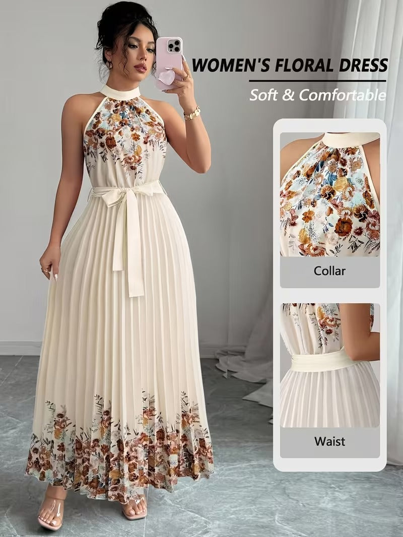 Elegant Floral Halter Neck Pleated Dress – Stylish & Comfortable Summer Outfit for Women