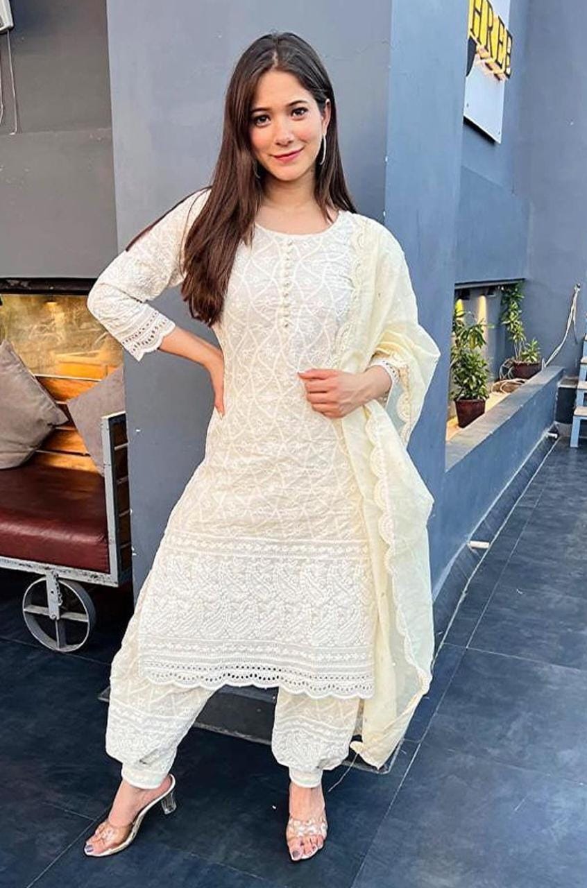 Chikankari Cream White Cotton Kurti Afghan Pant Set with Chanderi Dupatta