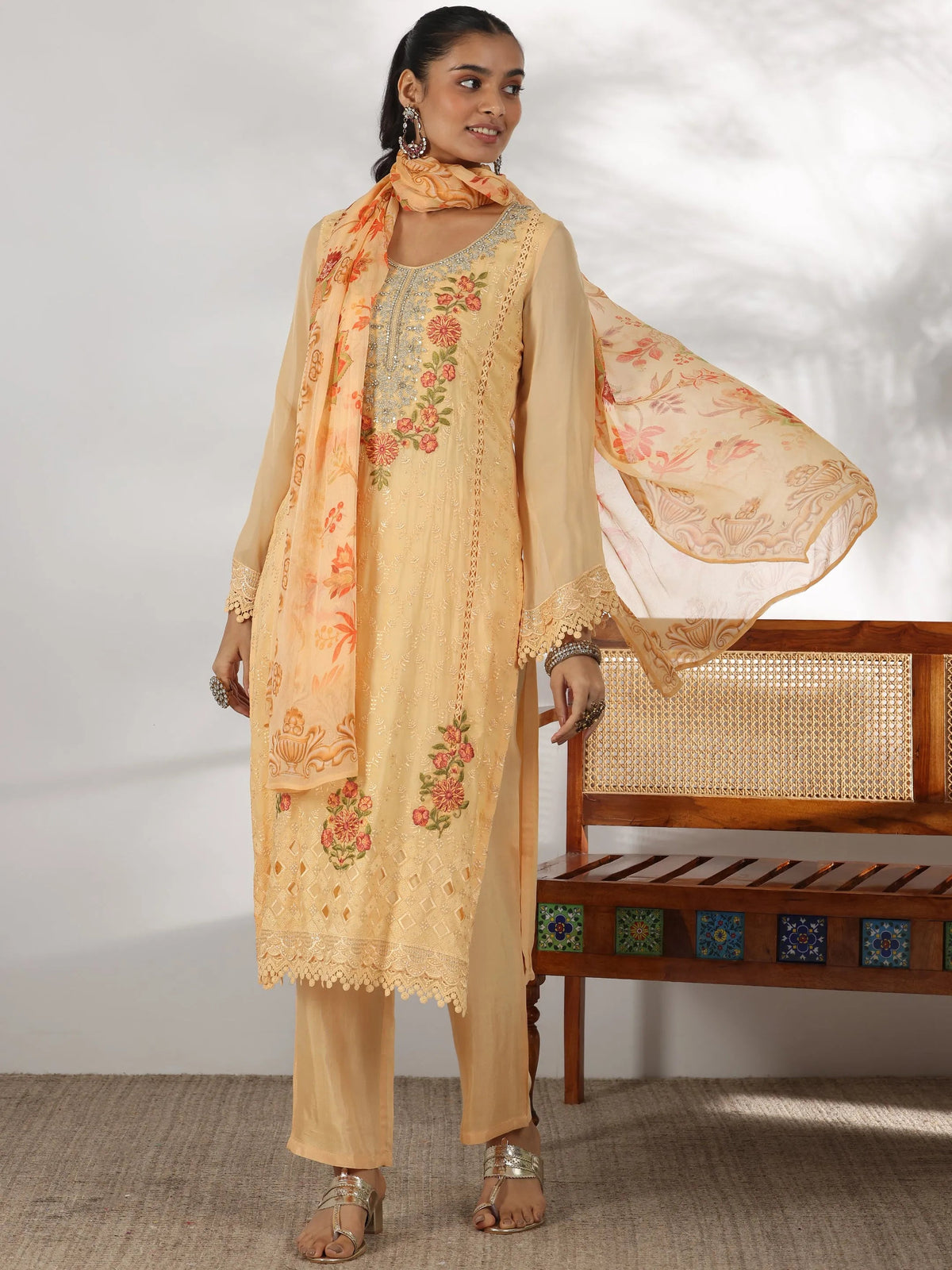 Anouk Yellow Embroidered Organza Straight Suit With Dupatta