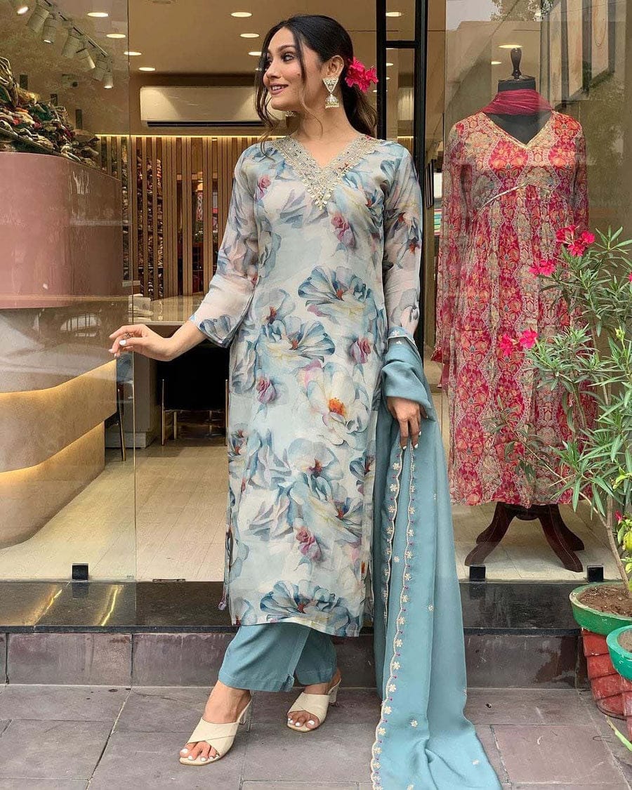 Organza Suit Set with Embroidery and Zari Weaving