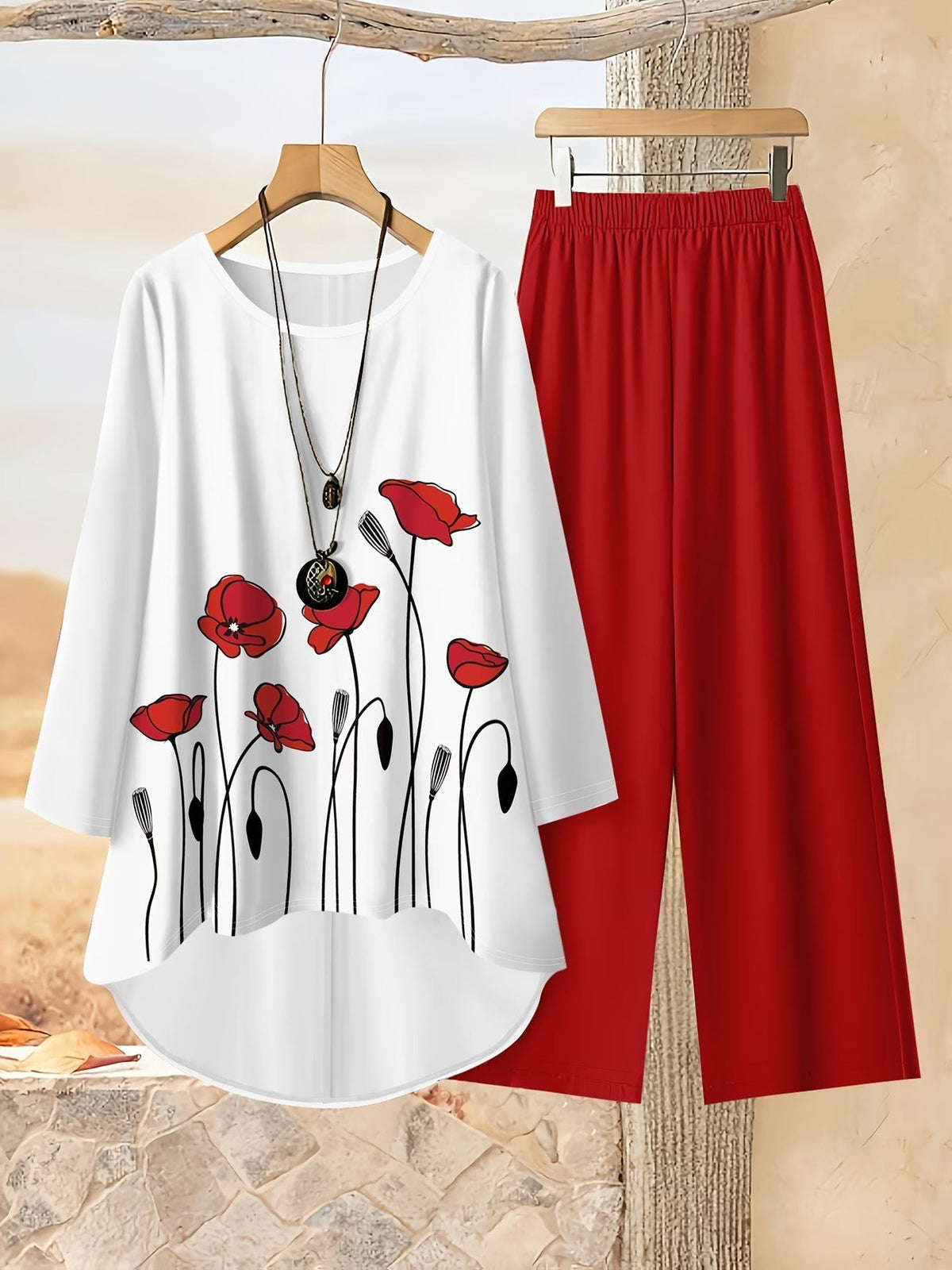 Loose Fit Irregular Print High-Low Hem Top with Solid Pants – Women’s Casual Two-Piece Outfit