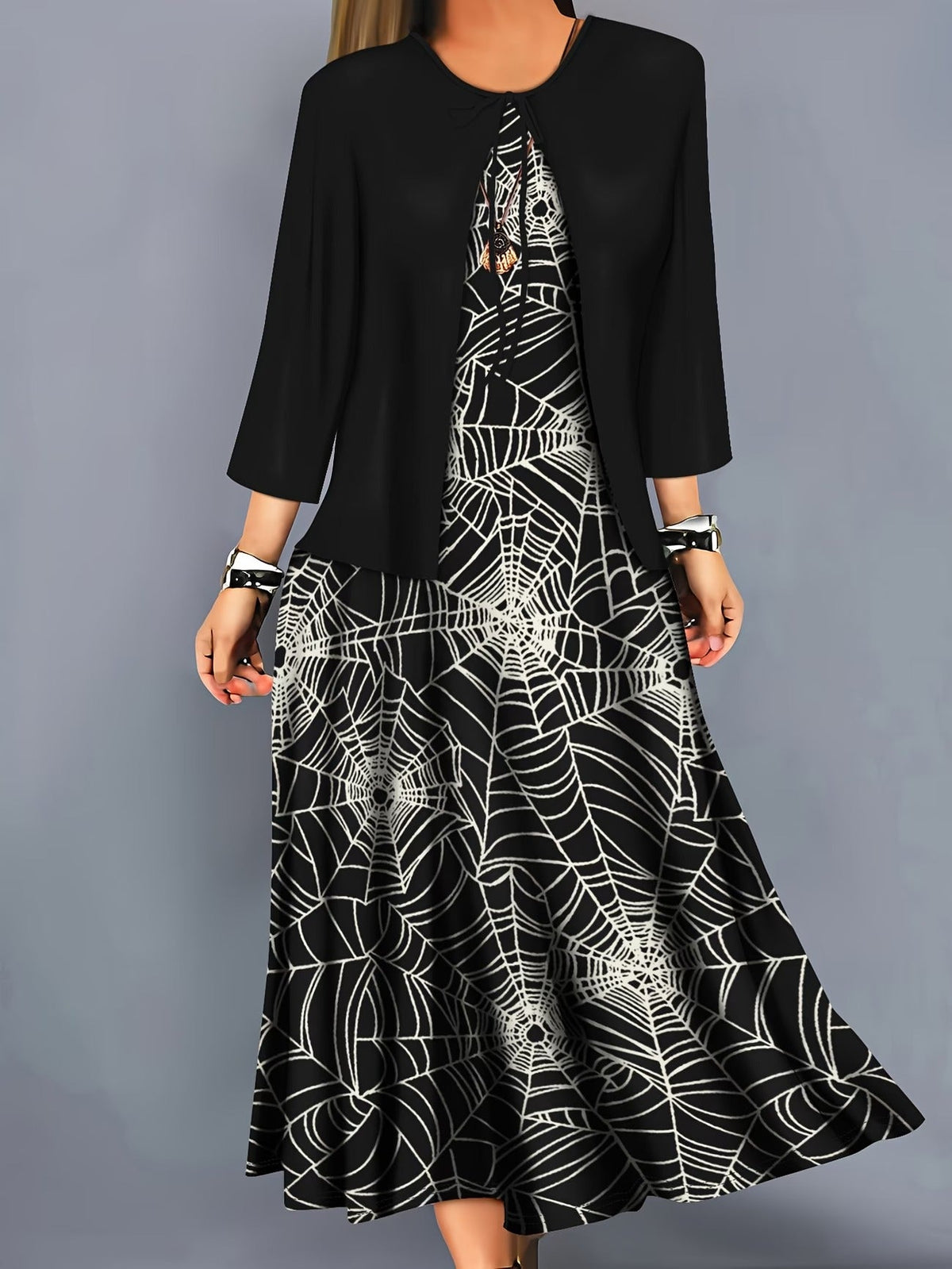 Elegant Layered Two-Piece Midi Dress Set with Tie-Front Cardigan – Flowy Printed Everyday & Occasion Wear