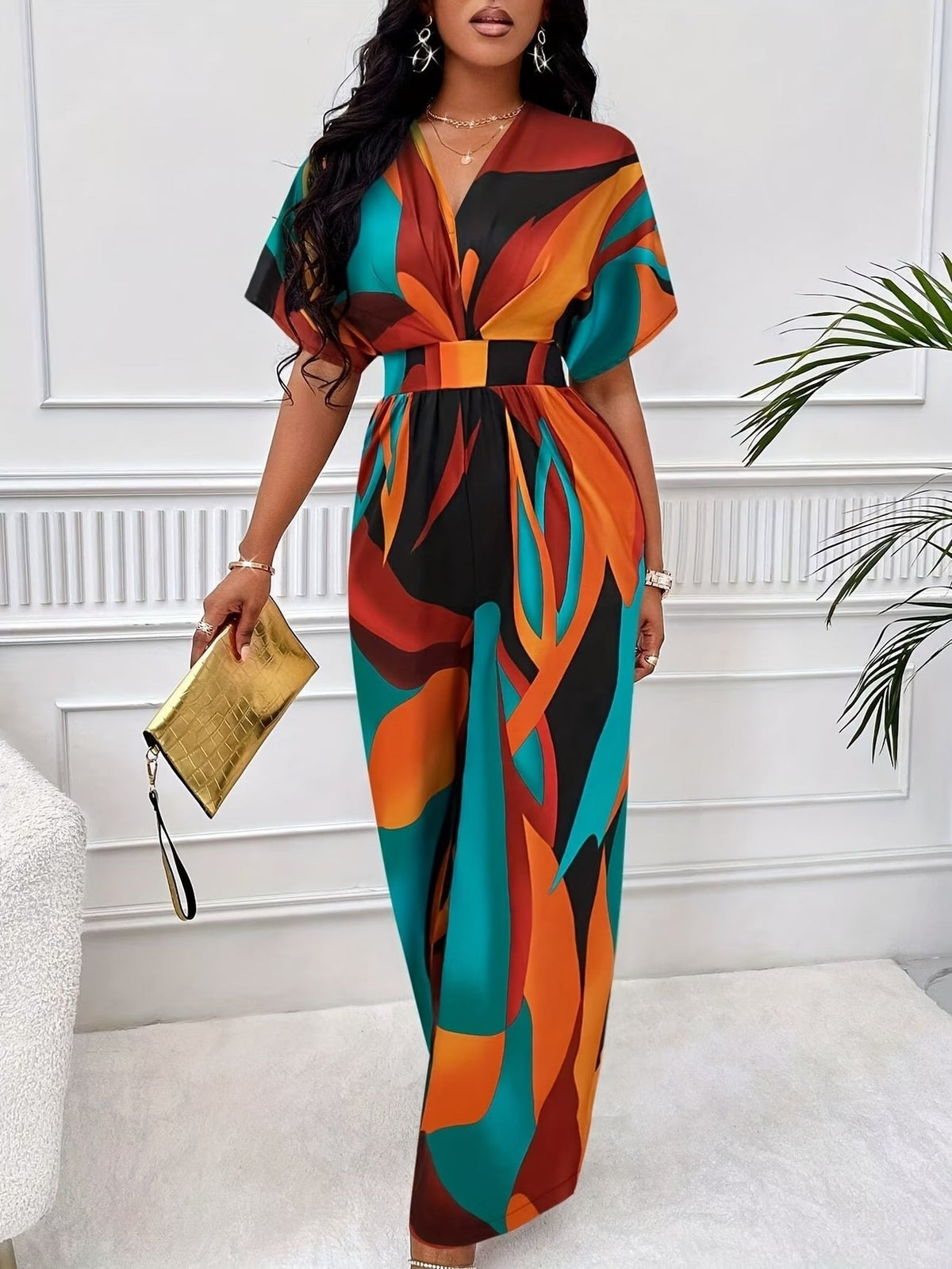 Elegant Women’s Batwing Sleeve Jumpsuit – V-Neck Abstract Print Wide-Leg Summer Outfit