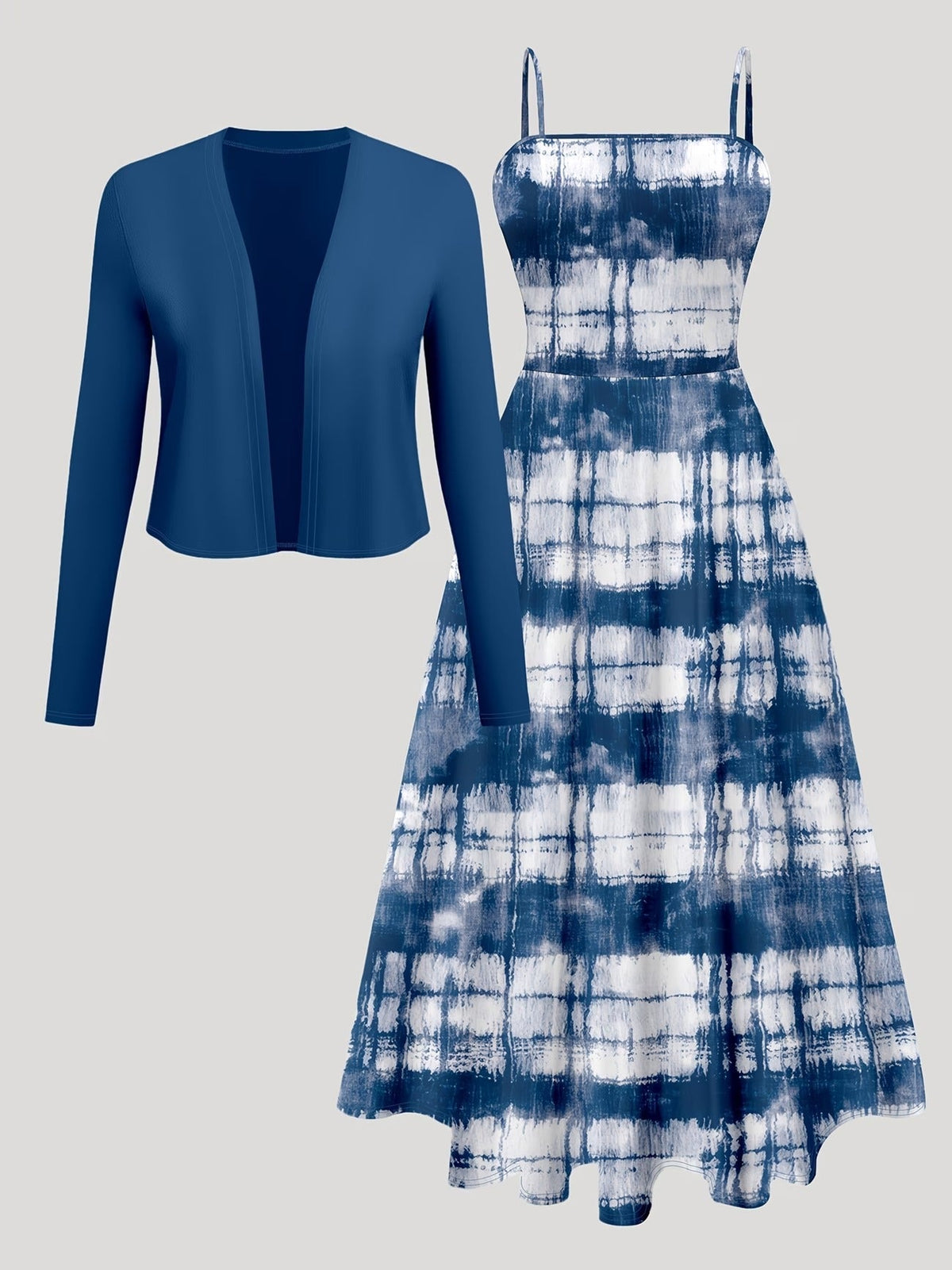 Minimalist Tie-Dye Halter Belt Dress with Easy Cardigan Coat – Elegant Two-Piece Women’s Set