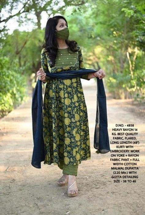 Rayon 14 Kg. Flared Kurti with Embroidery, Gotta Detailing, and Pant-Dupatta Set