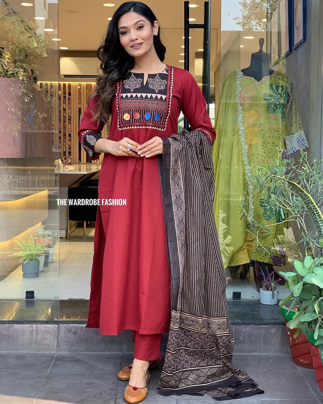 Maroon Cotton Kurti Set with Adda Work, Border Sleeves & Mulmul Dupatta