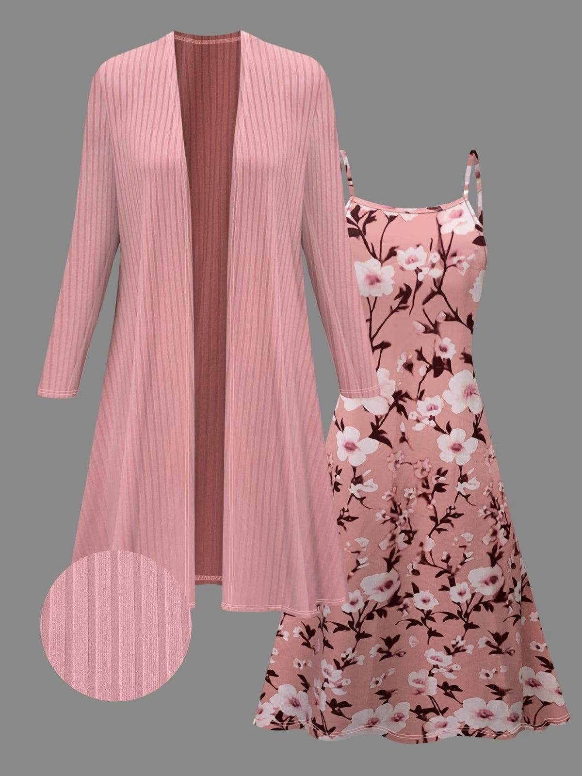 Elegant Floral Suspender Dress Set with Chic Long-Sleeve Blazer