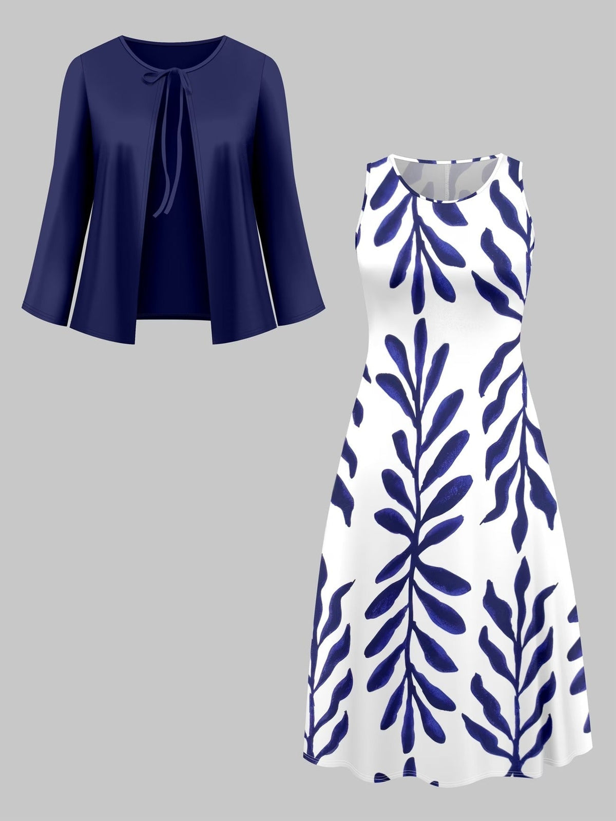 Elegant Solid Color Cardigan with Printed Plant Pattern Skirt Dress – Stylish Two-Piece Women’s Set