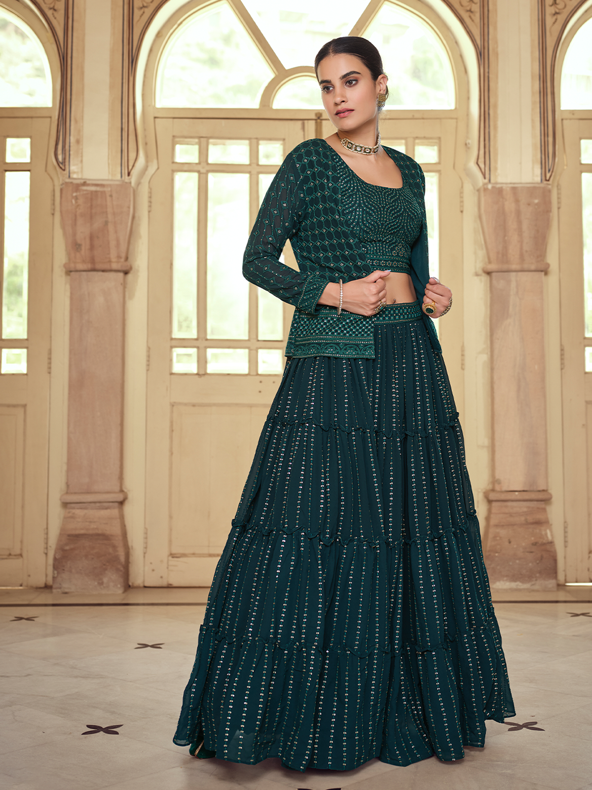 Dark Green Embroidered Georgette Semi Stitched Lehenga With Unstitched Blouse