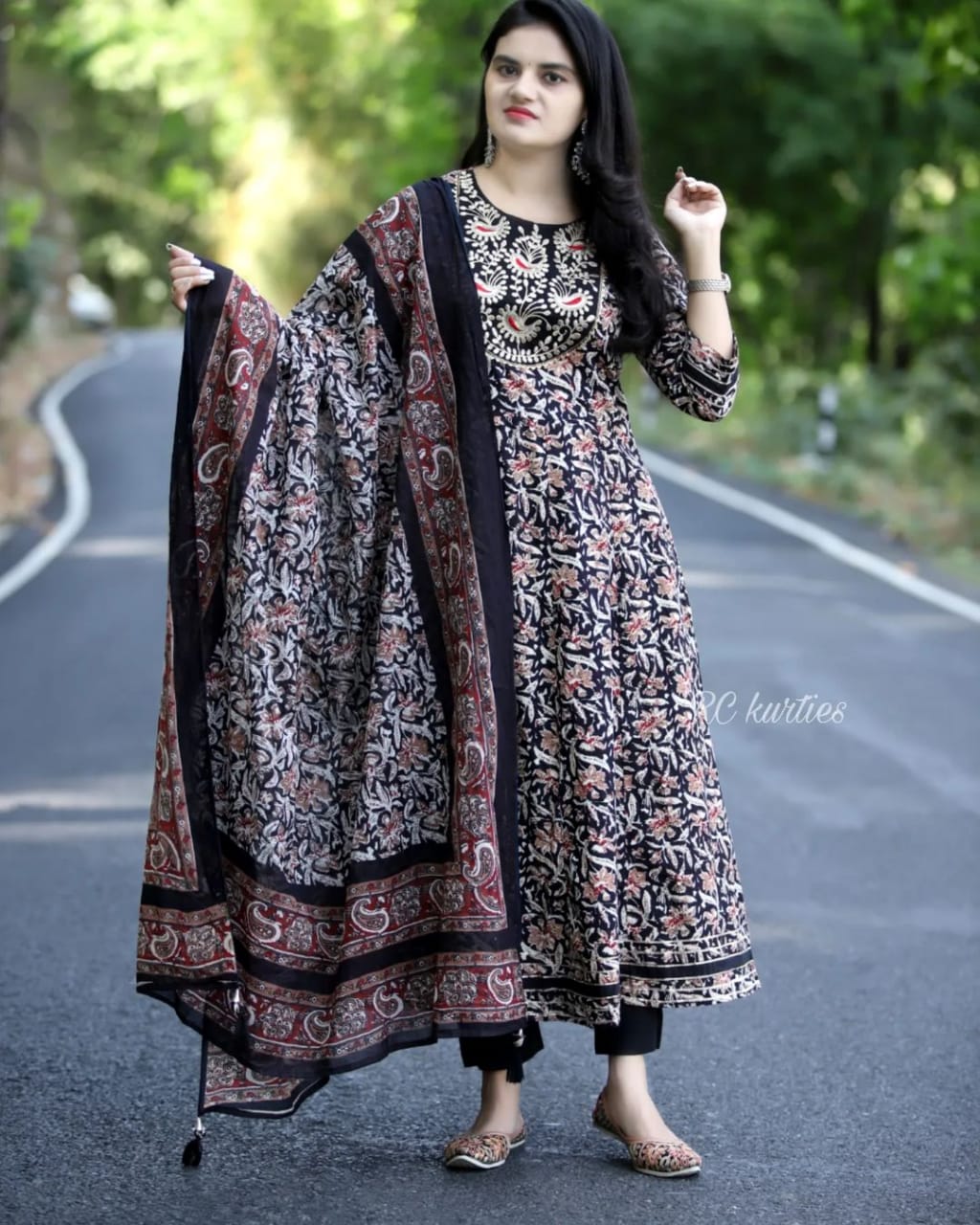 Elegant Black Rayon Anarkali Kurti Set with Embroidery Work and Malmal Dupatta