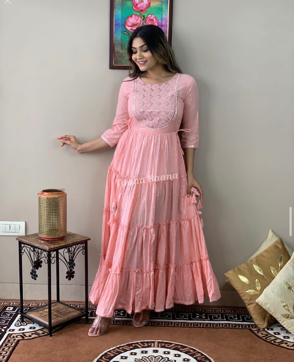 Tiered Rayon Lurex Gown with Floral Embroidery, Gota Lace, and Tassel