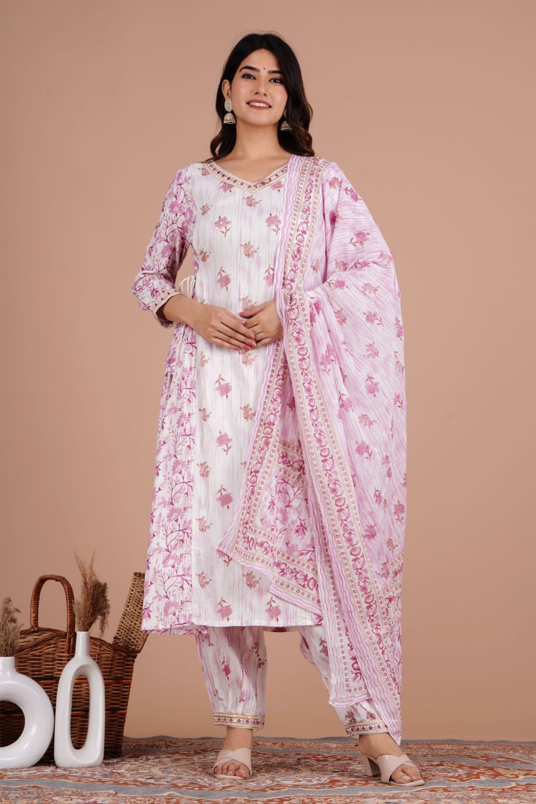 Enchanting Mauve Floral Afghani Suit Set with Handwork and Tassels