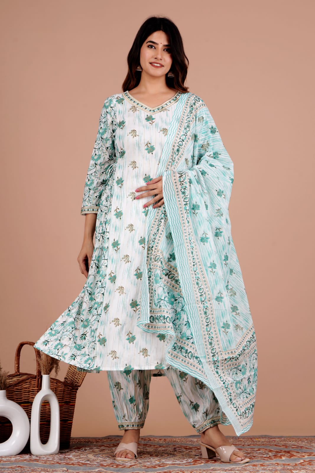 Enchanting Green Floral Afghani Suit Set: Handwork, Tassels, and Motifs