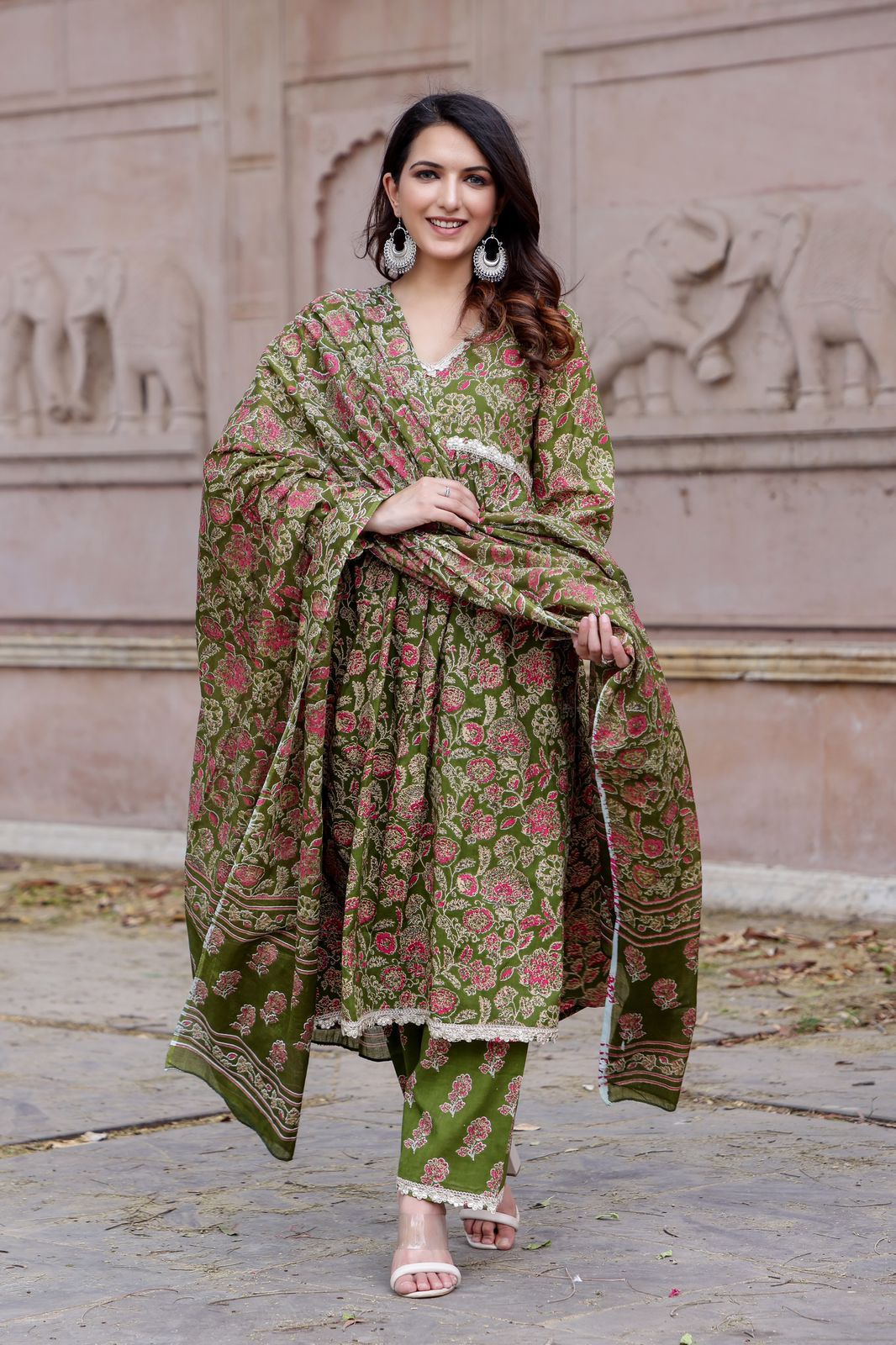 Green Cotton Alia Cut Anarkali Kurti Set with Gotta Lace Detailing