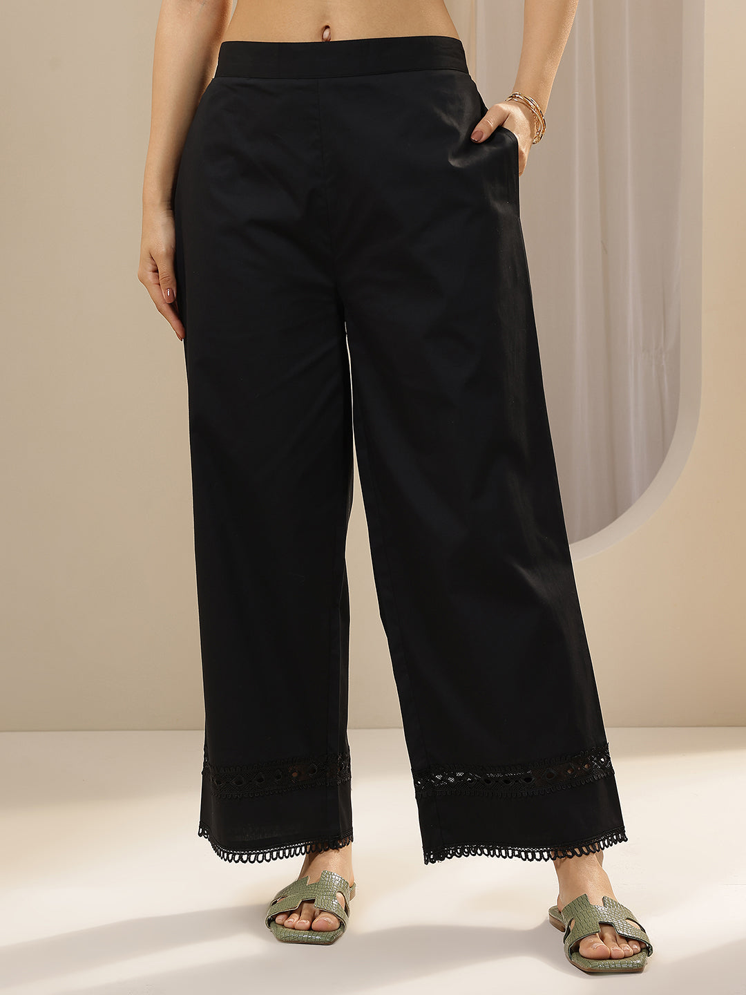 Anouk Black Solid Cotton Palazzos