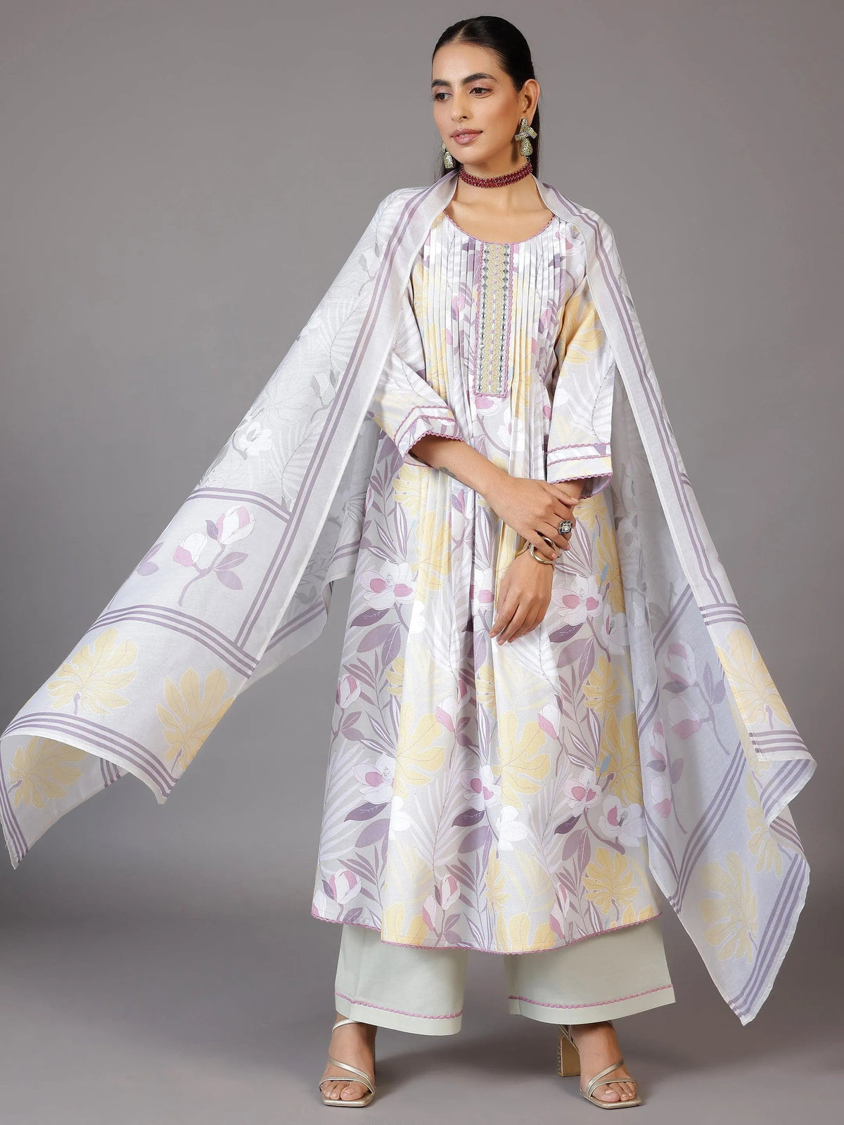 Anouk Grey Printed Cotton Blend A-Line Kurta With Palazzos & Dupatta