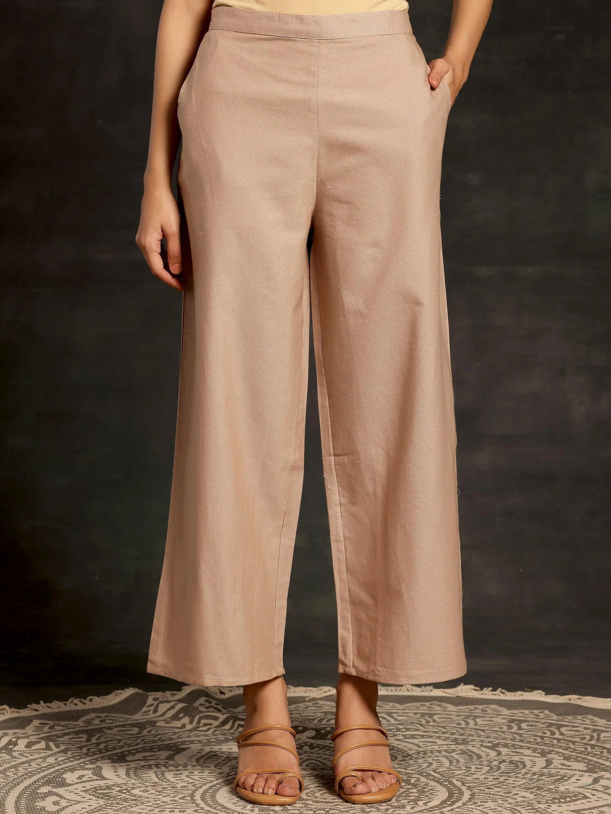 Anouk Beige Solid Cotton Wide Leg Palazzos