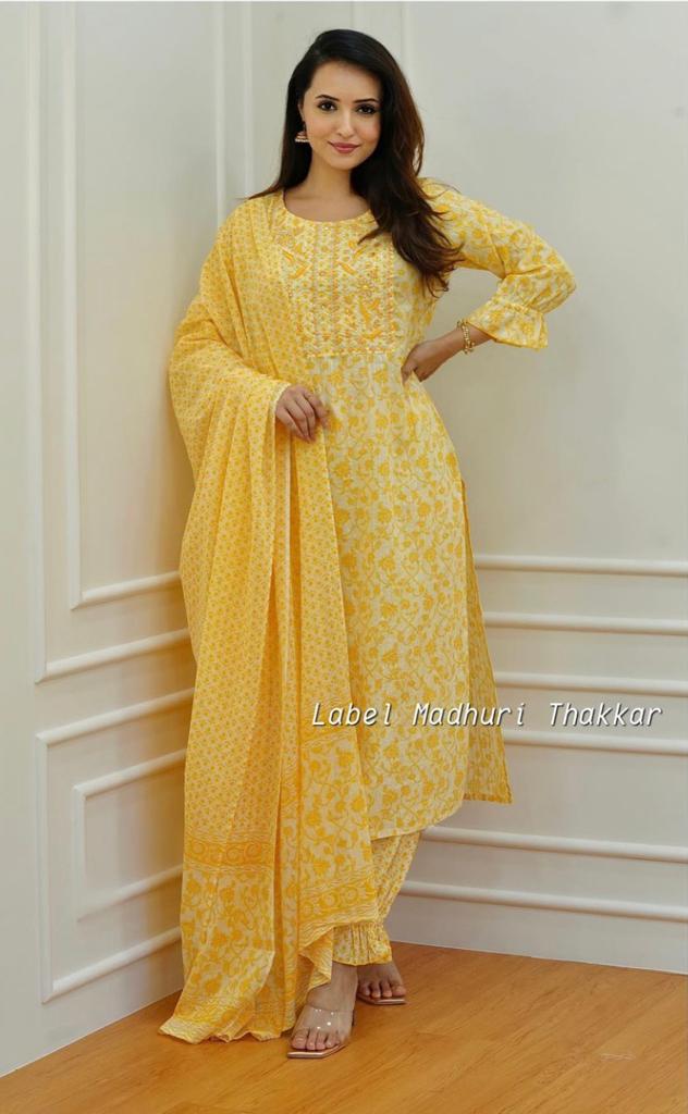 Yellow Cambric Cotton Suit Set with Embroidery and Sequin Detailing