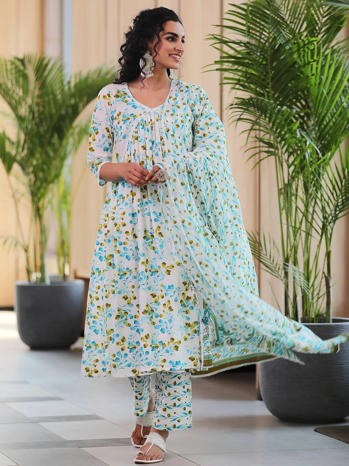 Anouk Off White Printed Cotton A-Line Kurta With Palazzos & Dupatta