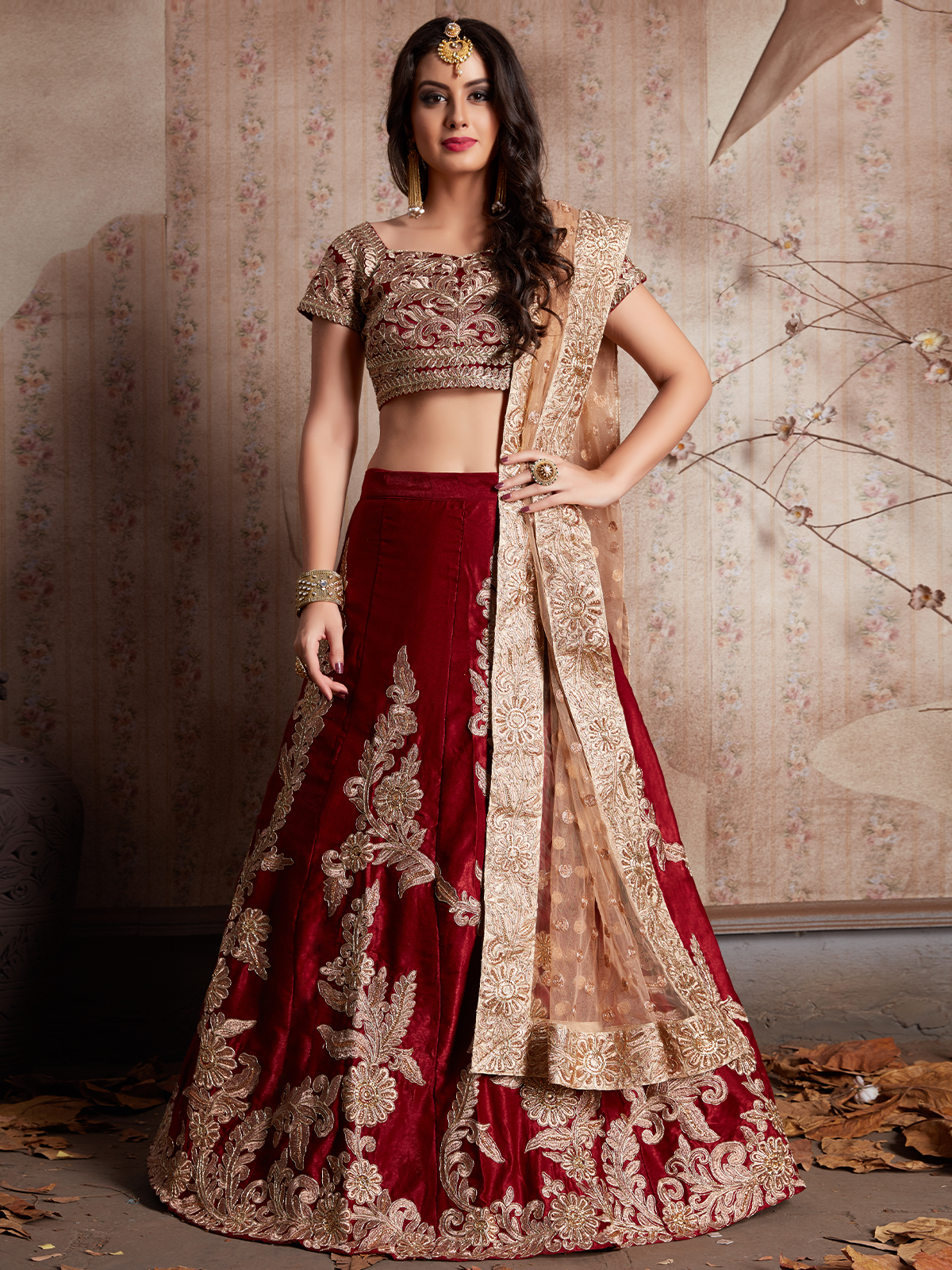 Maroon Embroidered Semi Stitched Lehenga With Unstitched Blouse
