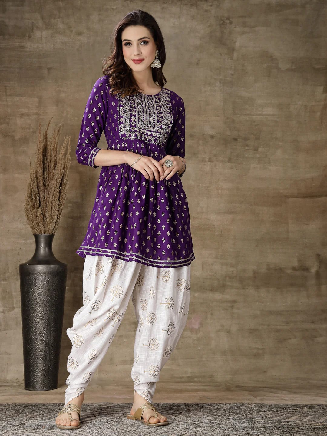 Violet Kurti Dhoti Set with Gold Prints, Embroidery & Gota Lace
