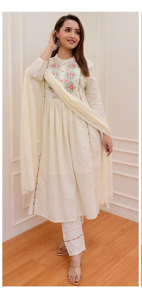 Off-White Cotton Schiffli Chikankari Suit Set