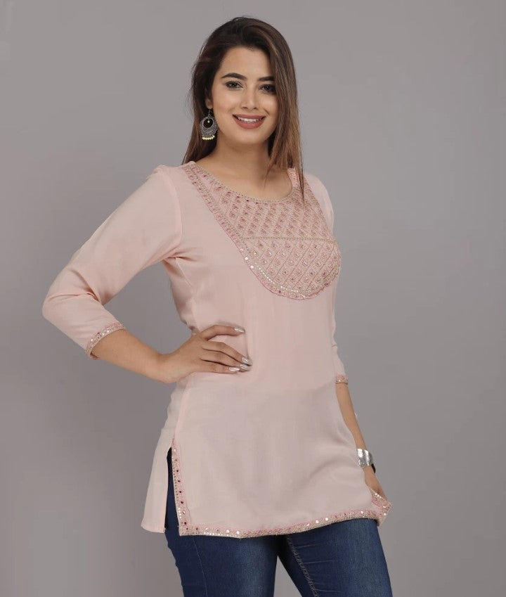 Peach Embroidery Top with Side Cut and Half Sleeves
