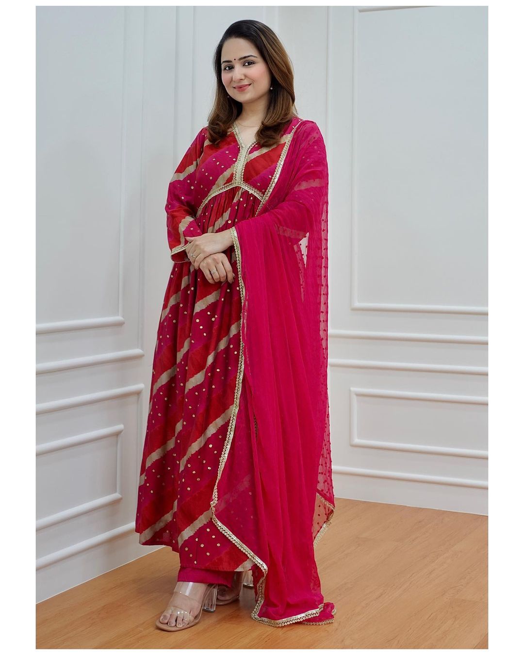 Elegant Magenta Cotton Kurti Set with Handcrafted Dupatta and Embroidered Neckline
