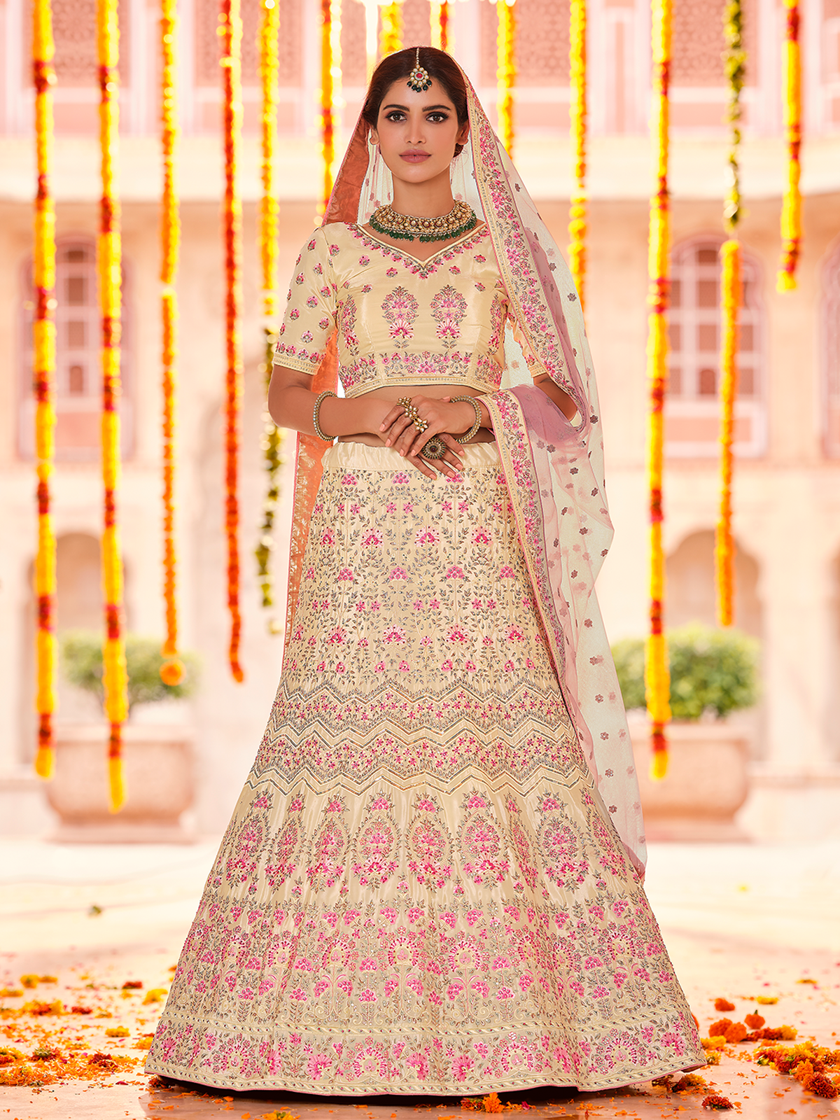Beige Embroidered Crepe Semi Stitched Lehenga With Unstitched Blouse
