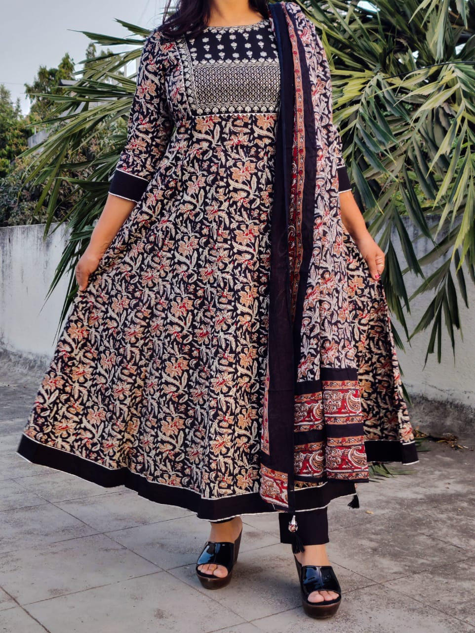 Elegant Black Rayon Anarkali Kurti with Pant and Malmal Dupatta