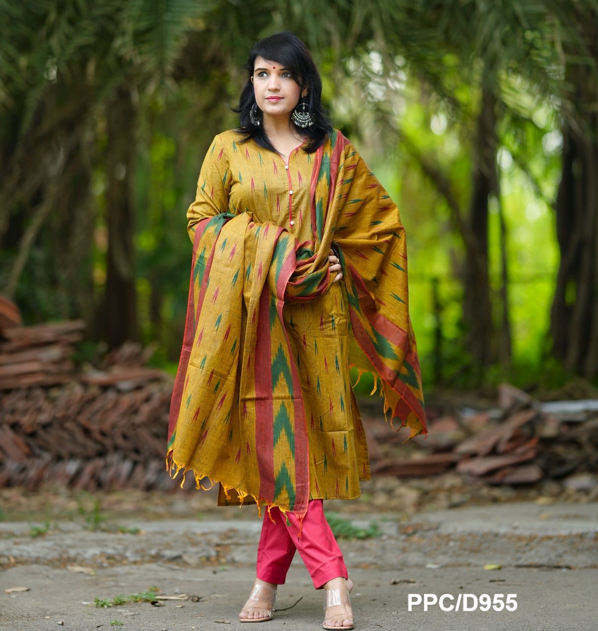 Jaipuri Hand Block Print Kurta, Pant, and Tie-Dye Mul Dupatta Set