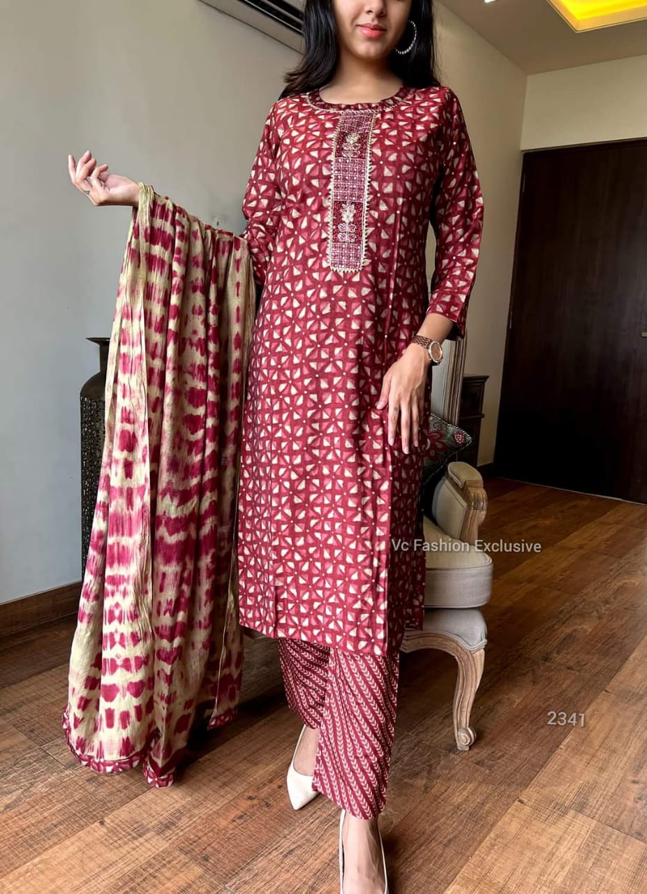 Red Rayon Suit Set with Embroidery