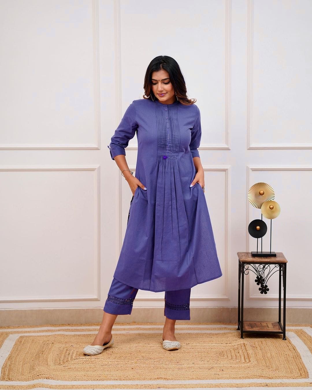 Blue Cotton Pant Set with Pleated Kurta