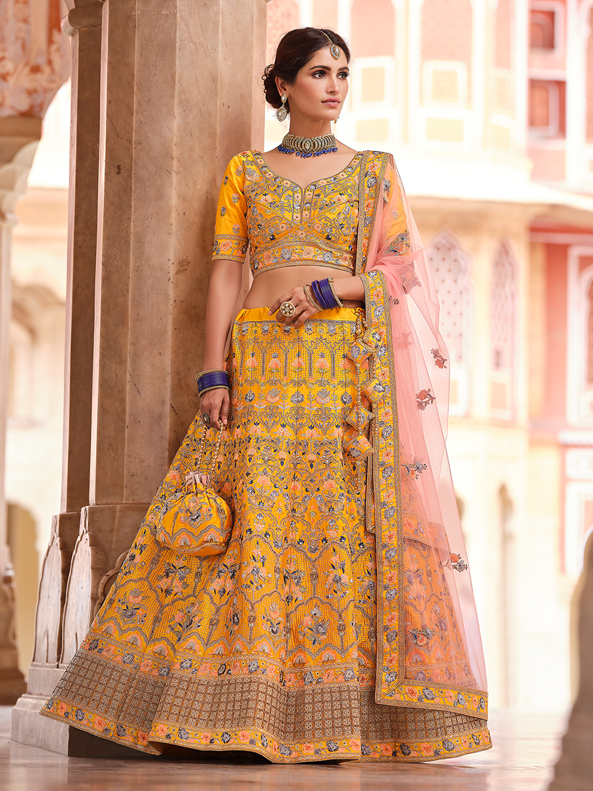 Mustard Swarovski Embroidered Crepe Semi Stitched Lehenga With Unstitched Blouse