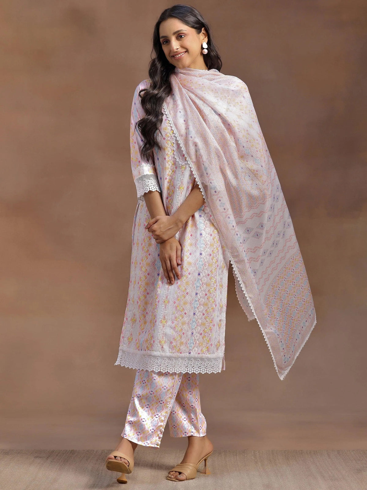 Anouk Peach Embroidered Cotton Blend Straight Suit With Dupatta