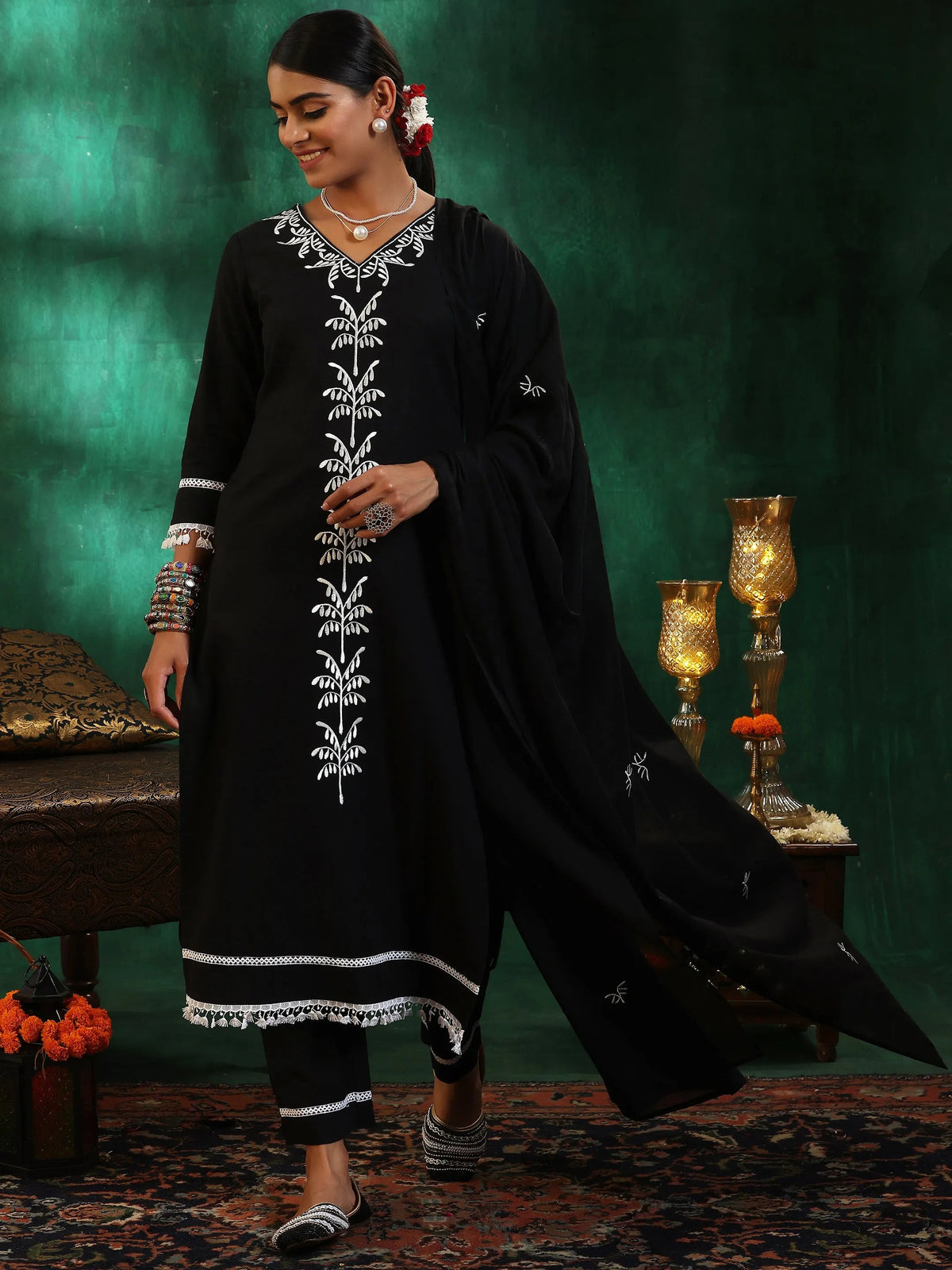Anouk Black Embroidered Cotton Straight Suit With Dupatta