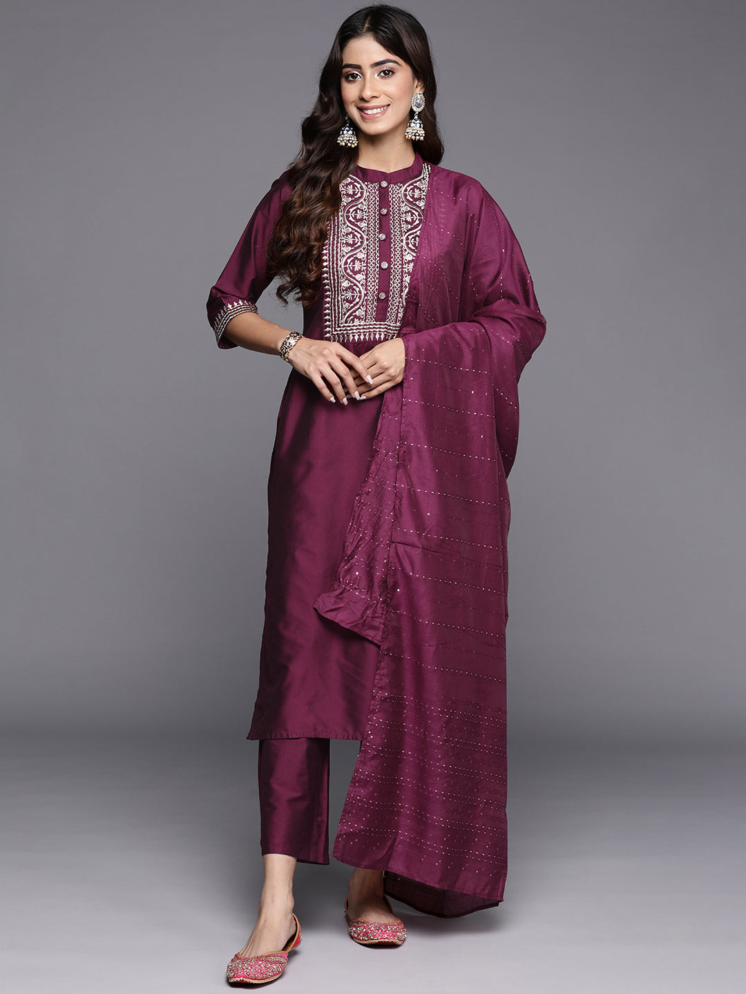 Anouk Burgundy Yoke Design Silk Blend Straight Suit With Dupatta