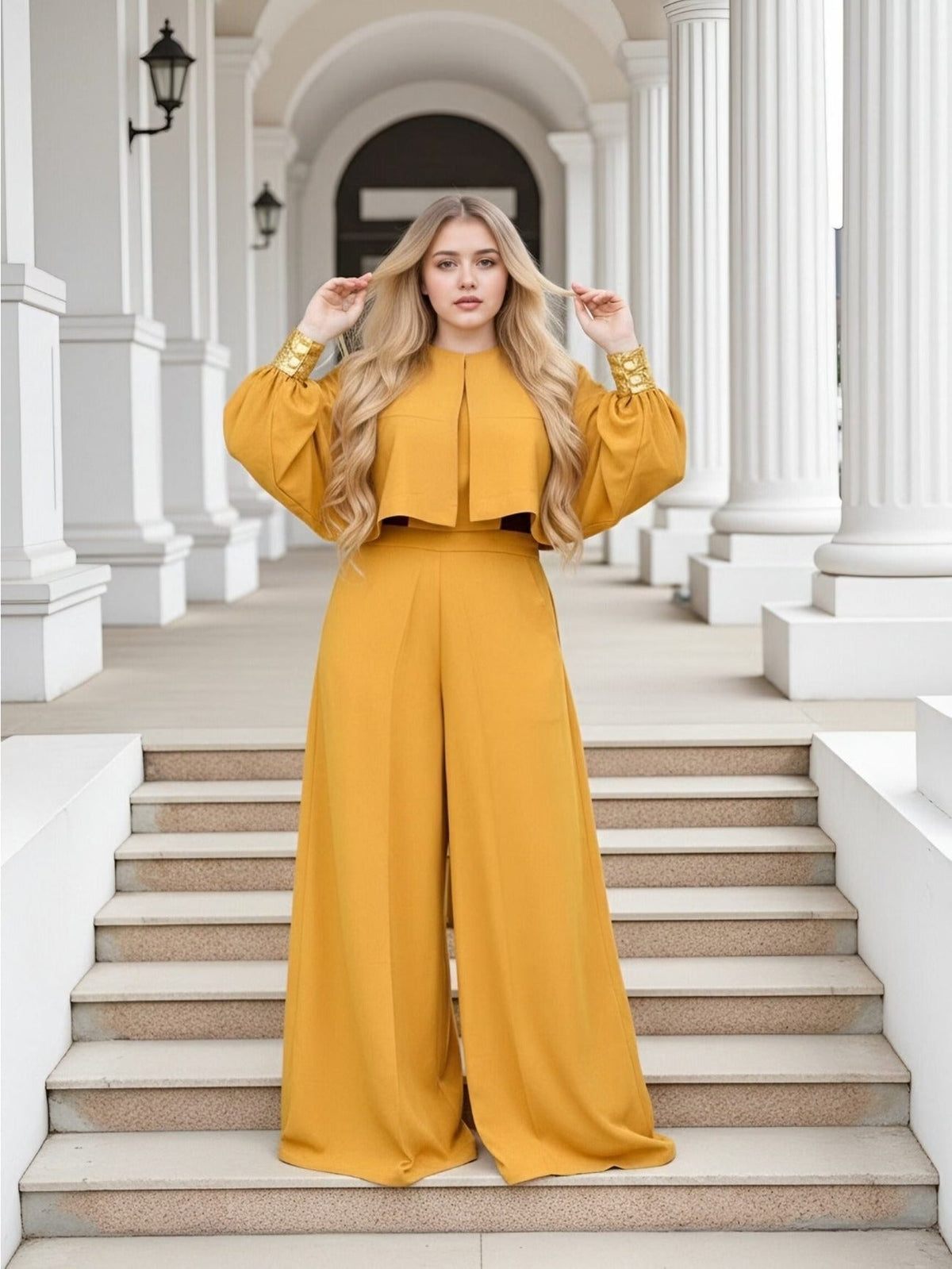 Plus Size Elegant Lantern Sleeve Top & Wide-Leg Pants Set – Chic Two-Piece Suit for Women