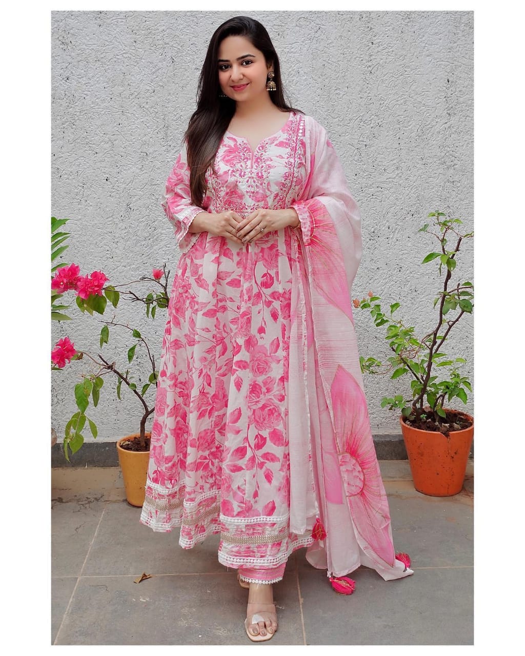 Dreamy Handblock Printed Anarkali Kurta with Mirror Embroidery and Bijiya Lace