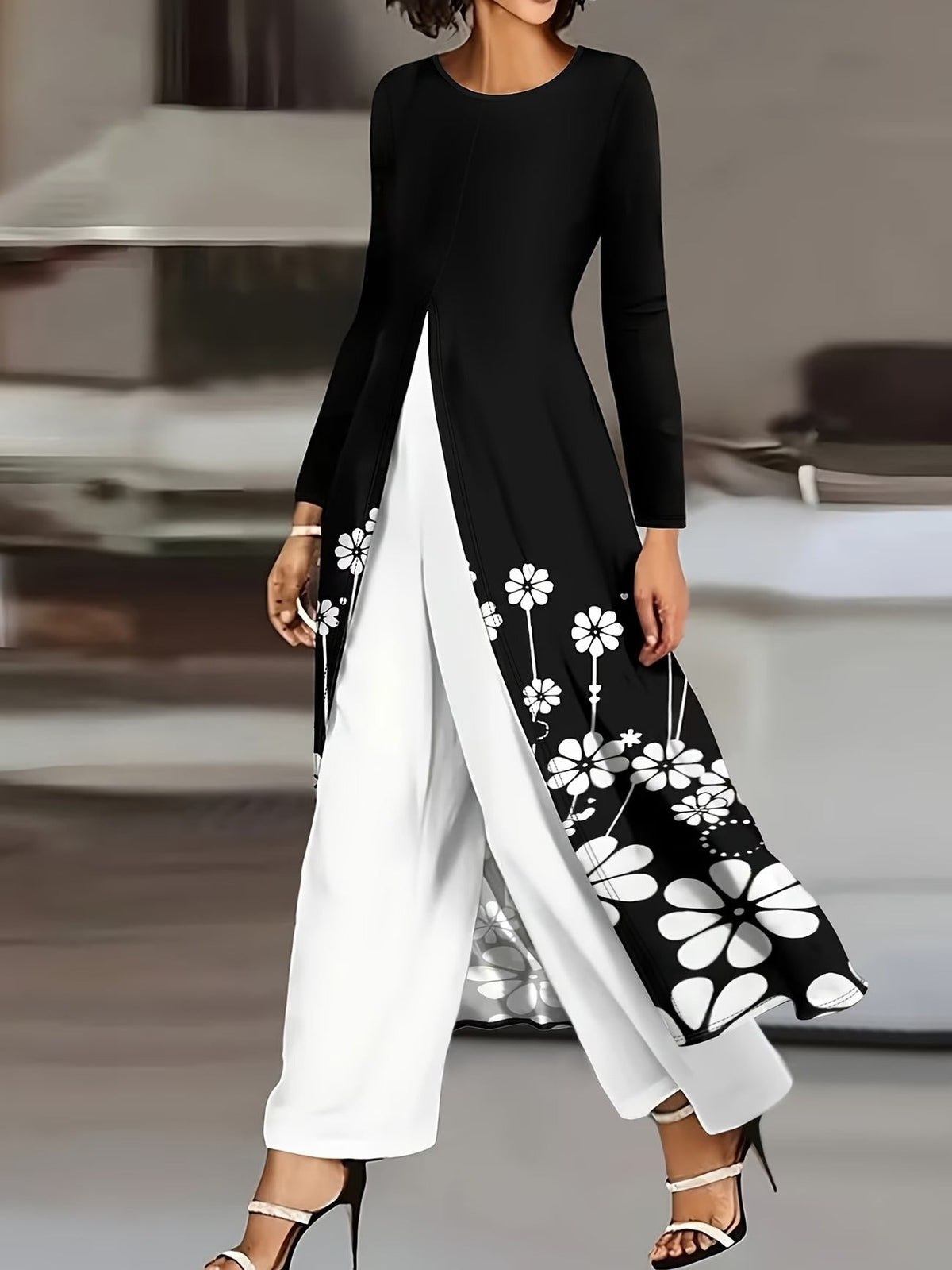 Elegant Marble Pattern Longline Top – Stylish Crew Neck Commuter & Party Wear