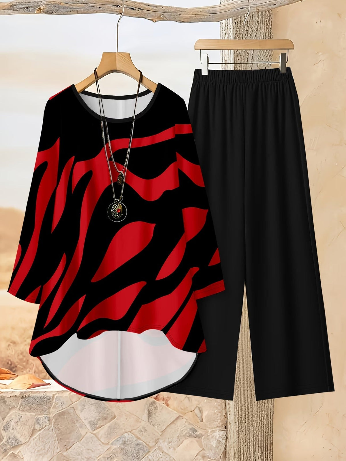Loose Fit Irregular Print High-Low Hem Top with Solid Pants – Women’s Casual Two-Piece Outfit