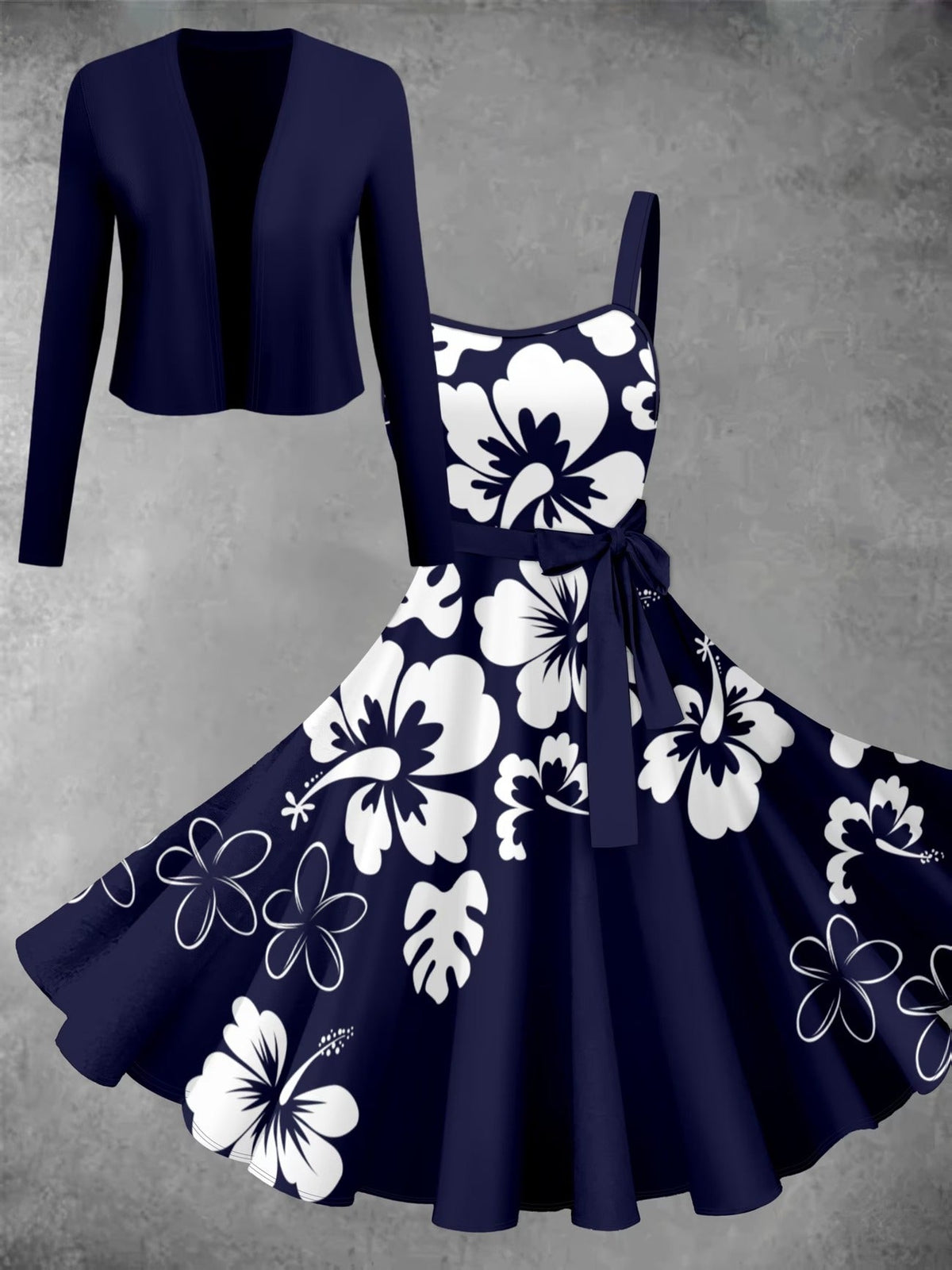 Women’s Vintage Printed Dress with Solid Cardigan – Elegant 2 Piece Set