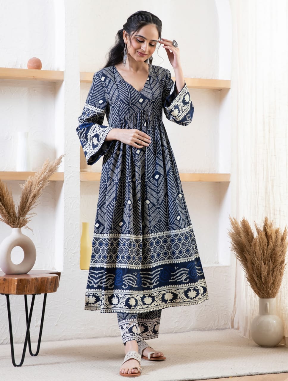 Stunning Blue Printed Rayon Aliya Kurti with Bell Sleeves and Pocket