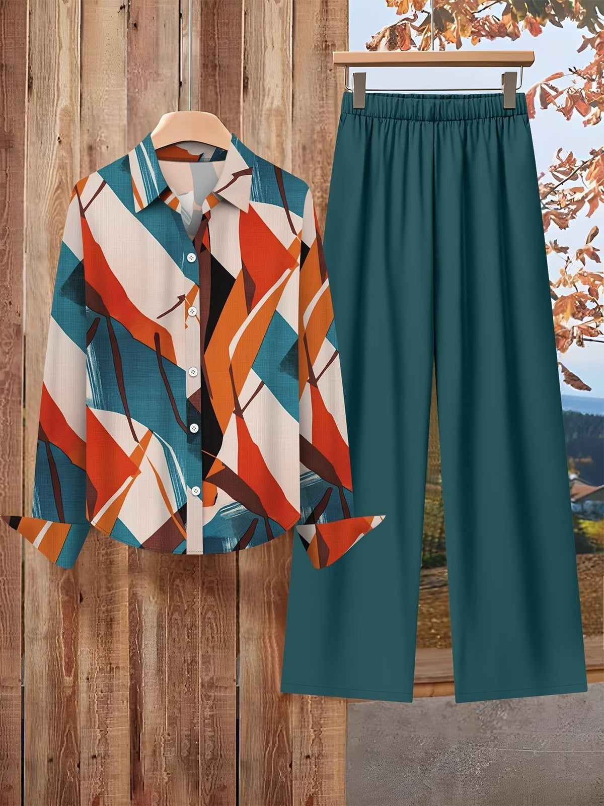 Women’s Floral Long-Sleeve Shirt with Printed Pants – Stylish Two-Piece Everyday Outfit (With Tie & Button Details)