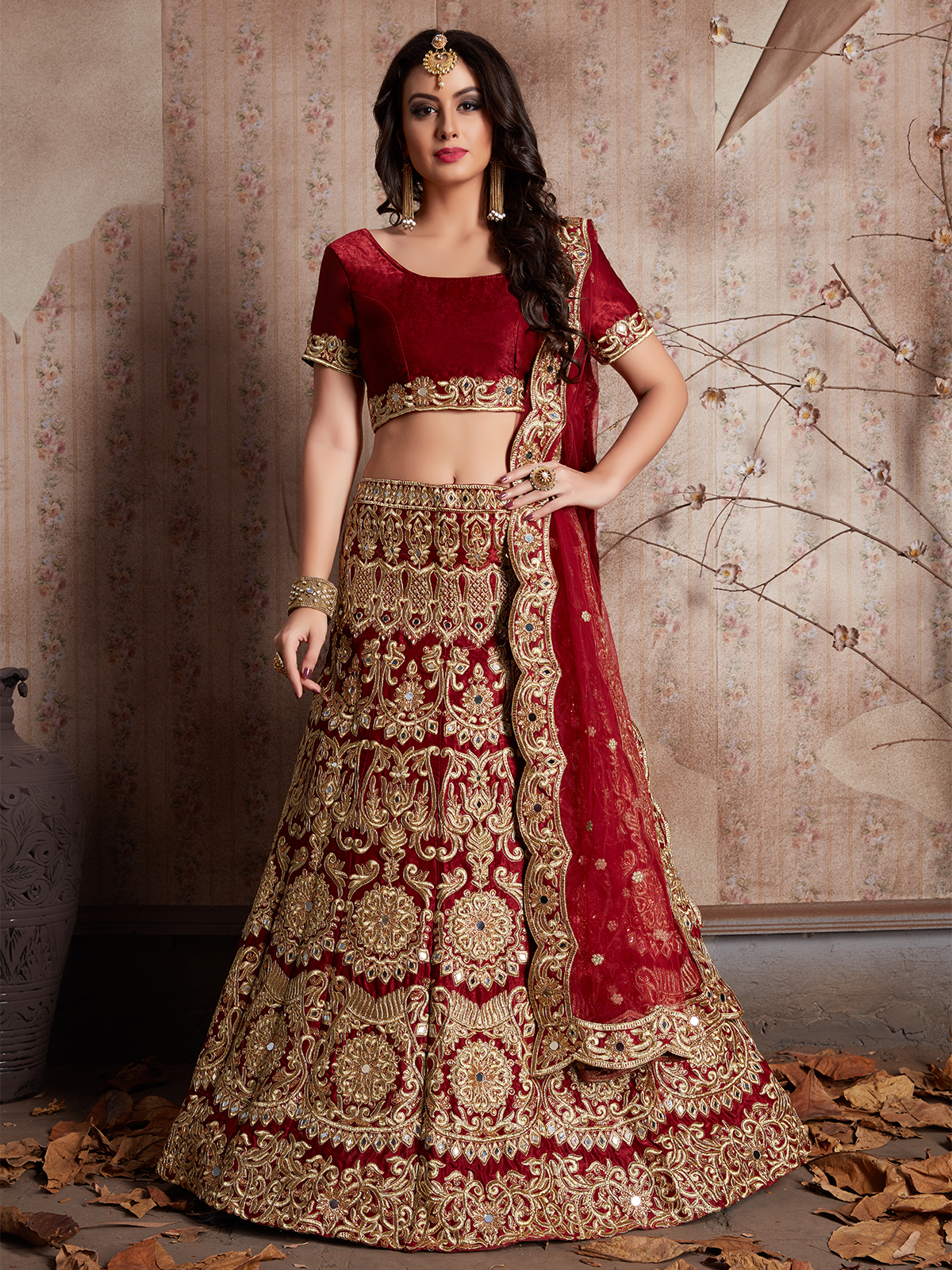 Maroon Embroidered Semi Stitched Lehenga With Unstitched Blouse