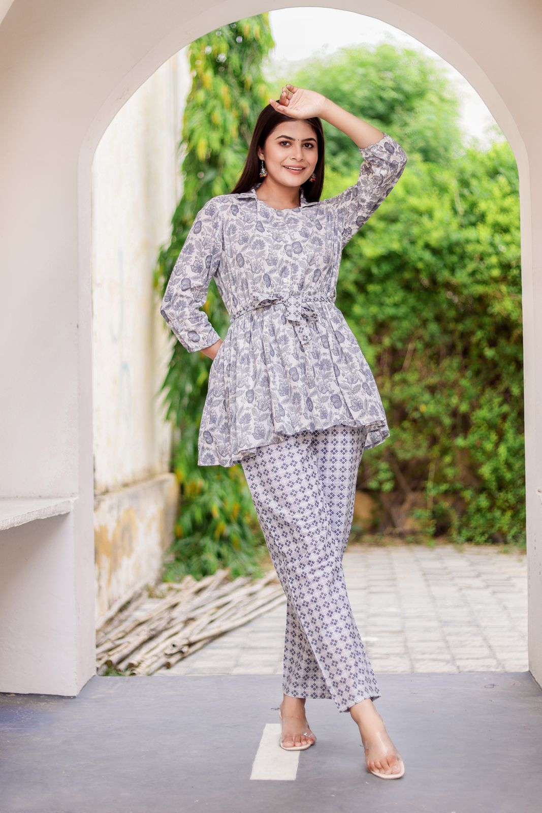 Grey Peplum Cord-Set with Printed Pant