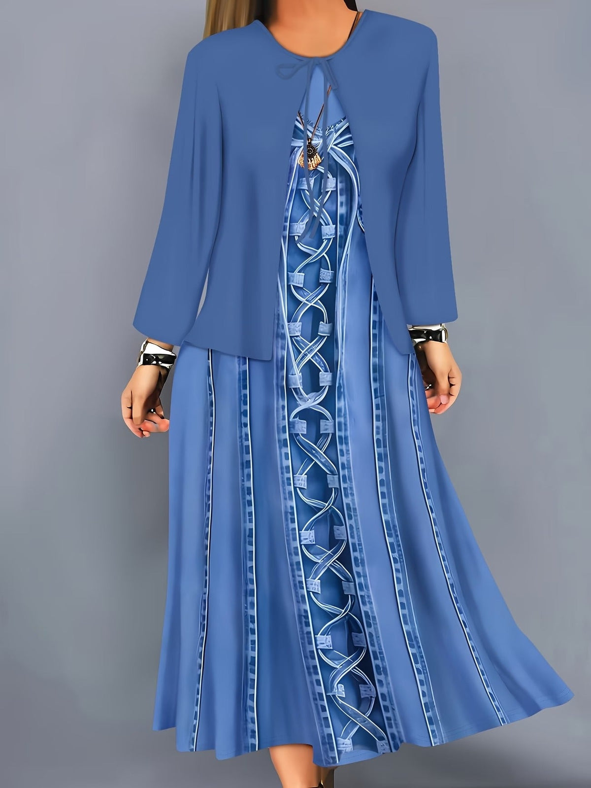 Elegant Layered Two-Piece Midi Dress Set with Tie-Front Cardigan – Flowy Printed Everyday & Occasion Wear
