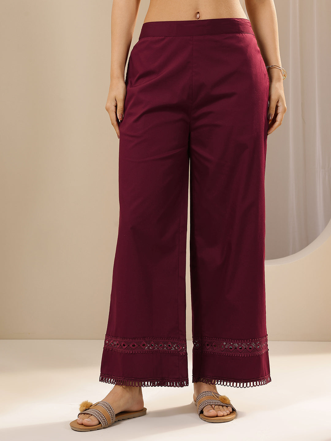 Anouk Maroon Solid Cotton Palazzos