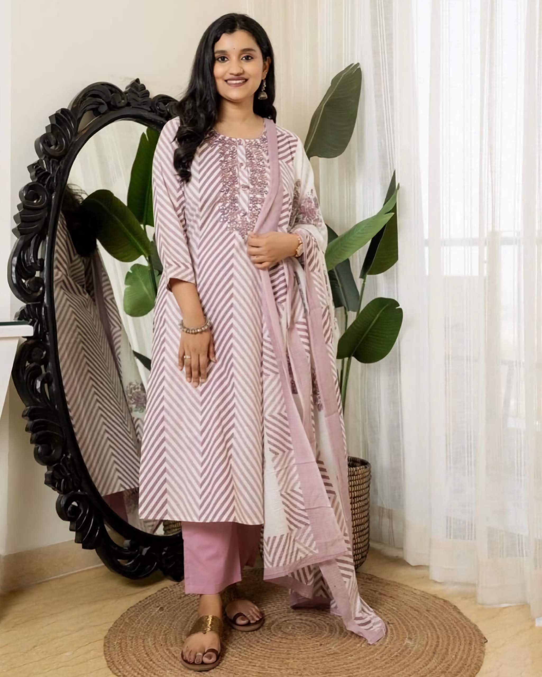 Embroidered Lahriya Kurta Set with Adda Work in Saganeri Print